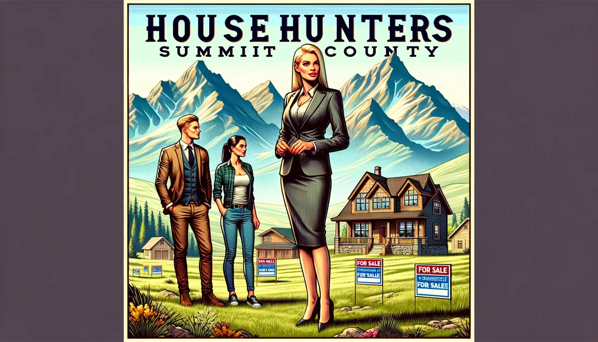 Three people stand in front of houses with For Sale signs, set against mountains. Text reads House Hunters Summit County. The scene suggests real estate shopping in a scenic area.