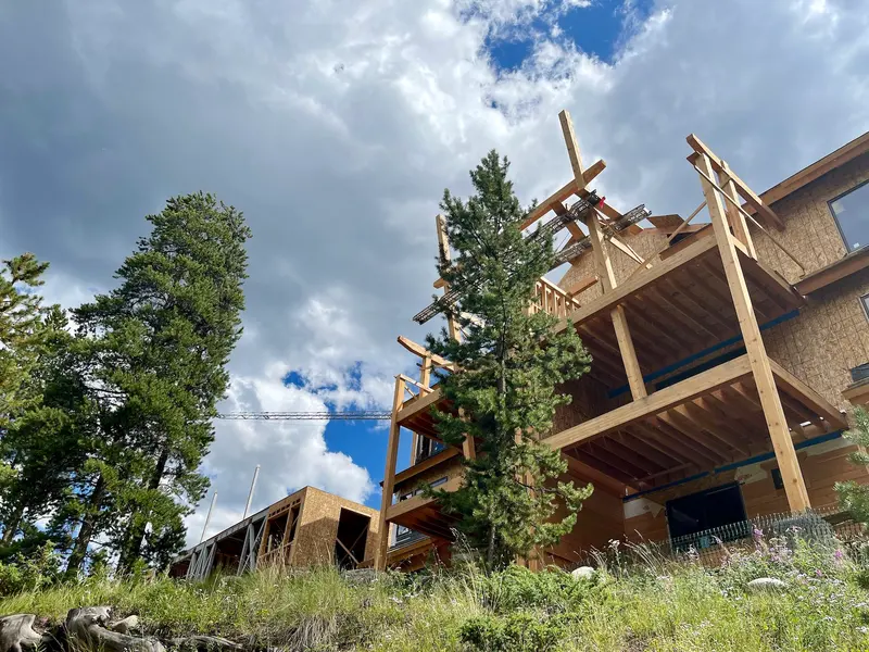 A wooden house under construction on a hillside, surrounded by pine trees and wildflowers, with a partly cloudy sky overhead.